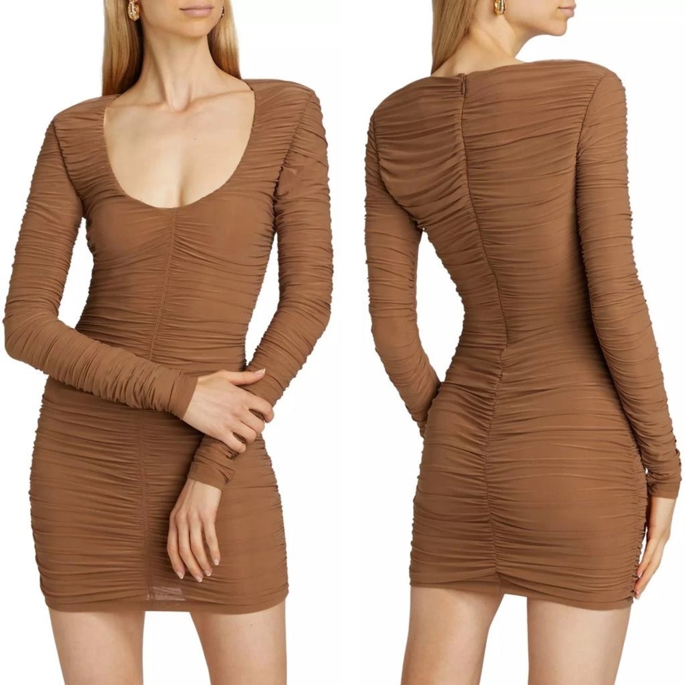 Ronny Kobo Julisa Mini Dress M Latte Ruched Long Sleeve Bodycon Trendy NWT